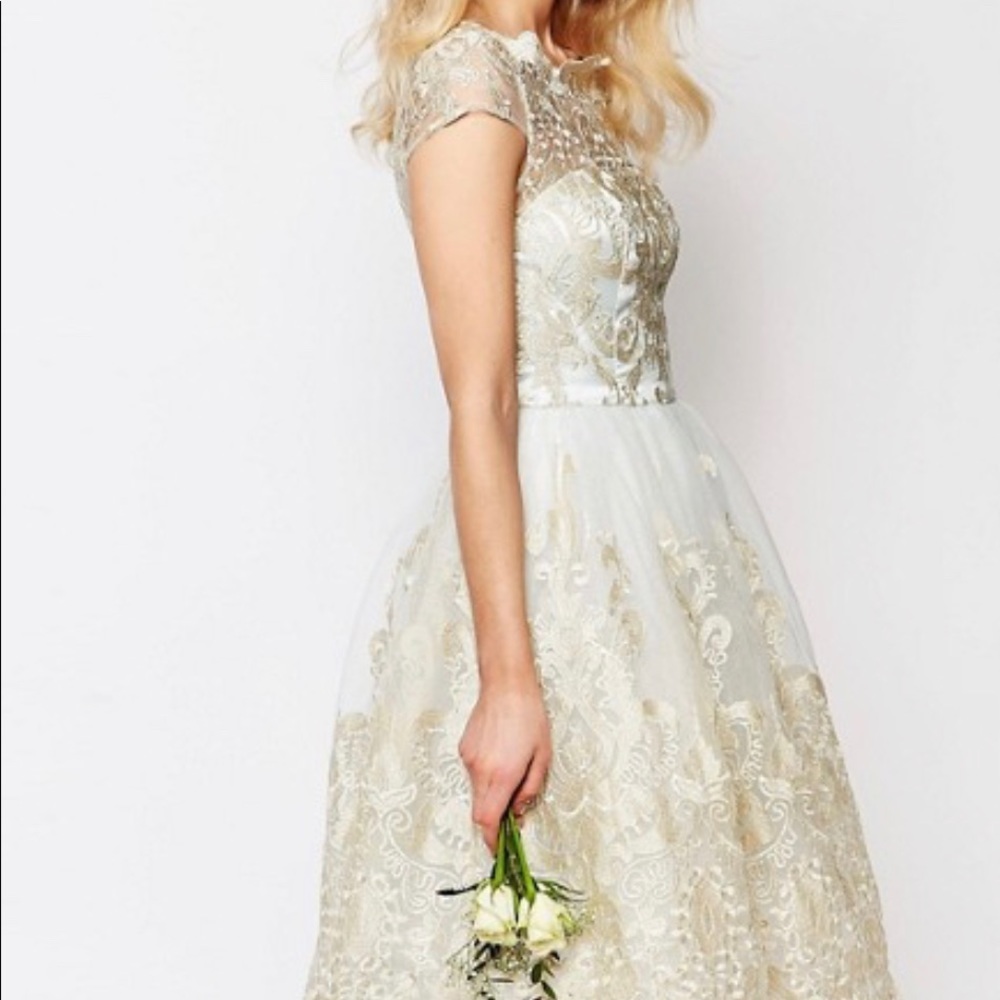 Chi Chi London premium lace dress with bardot neck